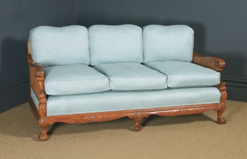 fig 4. Antique English Edwardian Three Piece Walnut & Cane Aqua Blue Bergere Couch Settee Sofa Lounge Suite (Circa 1910)