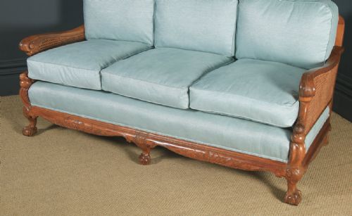 fig 5. Antique English Edwardian Three Piece Walnut & Cane Aqua Blue Bergere Couch Settee Sofa Lounge Suite (Circa 1910)