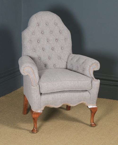 Antique English Queen Anne Style Grey Upholstered Beech Wing Arm Chair (Circa 1920)