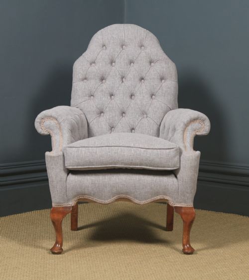 fig 1. Antique English Queen Anne Style Grey Upholstered Beech Wing Arm Chair (Circa 1920)