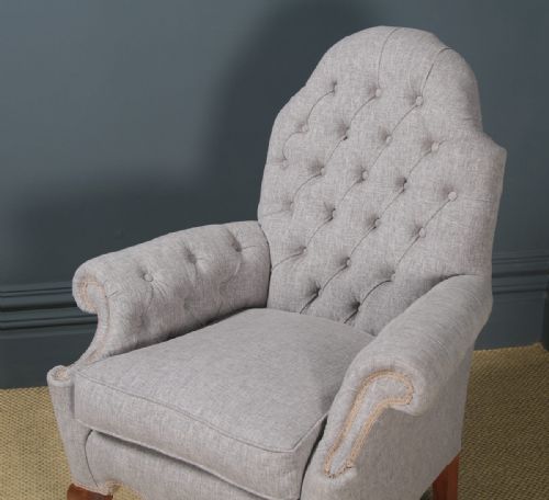 fig 2. Antique English Queen Anne Style Grey Upholstered Beech Wing Arm Chair (Circa 1920)
