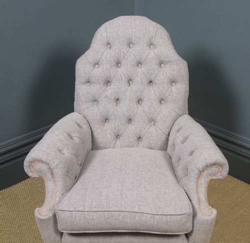 fig 3. Antique English Queen Anne Style Grey Upholstered Beech Wing Arm Chair (Circa 1920)