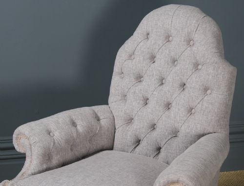 fig 4. Antique English Queen Anne Style Grey Upholstered Beech Wing Arm Chair (Circa 1920)