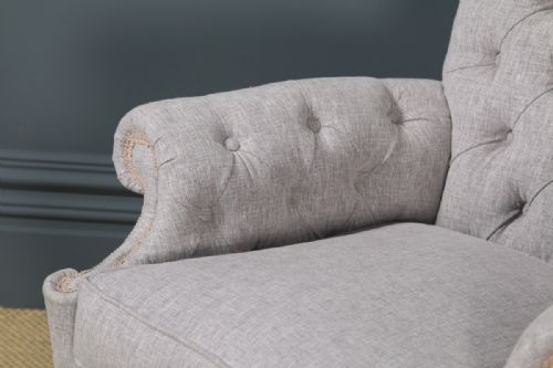 fig 6. Antique English Queen Anne Style Grey Upholstered Beech Wing Arm Chair (Circa 1920)