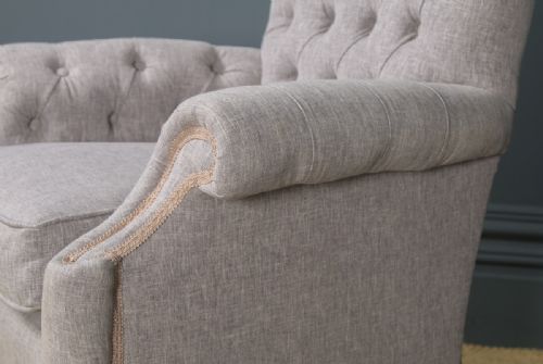 fig 7. Antique English Queen Anne Style Grey Upholstered Beech Wing Arm Chair (Circa 1920)