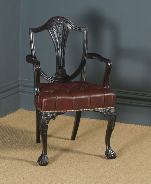 Antique English Georgian Hepplewhite Style Mahogany & Burgundy Red Leather Office Desk Arm Chair (Circa 1880)