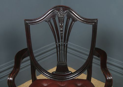 fig 5. Antique English Georgian Hepplewhite Style Mahogany & Burgundy Red Leather Office Desk Arm Chair (Circa 1880)