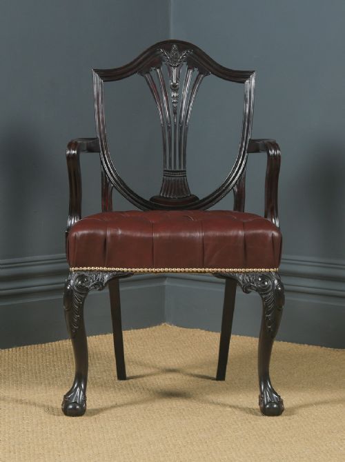 fig 1. Antique English Georgian Hepplewhite Style Mahogany & Burgundy Red Leather Office Desk Arm Chair (Circa 1880)