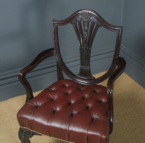fig 2. Antique English Georgian Hepplewhite Style Mahogany & Burgundy Red Leather Office Desk Arm Chair (Circa 1880)
