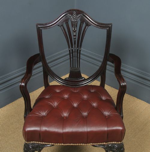 fig 3. Antique English Georgian Hepplewhite Style Mahogany & Burgundy Red Leather Office Desk Arm Chair (Circa 1880)