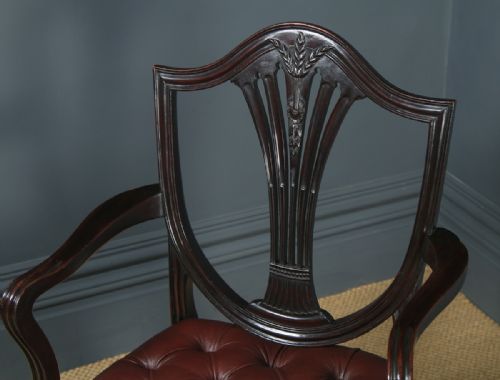 fig 4. Antique English Georgian Hepplewhite Style Mahogany & Burgundy Red Leather Office Desk Arm Chair (Circa 1880)