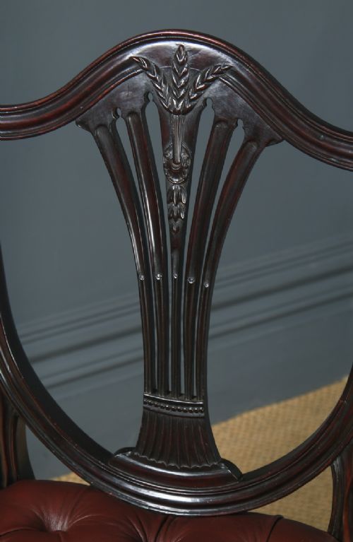 fig 6. Antique English Georgian Hepplewhite Style Mahogany & Burgundy Red Leather Office Desk Arm Chair (Circa 1880)