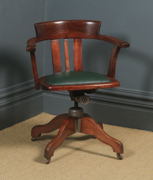 Antique English Edwardian Beech & Leather Revolving Office Desk Arm Chair by A. H. Parker Ltd. (Circa 1910)