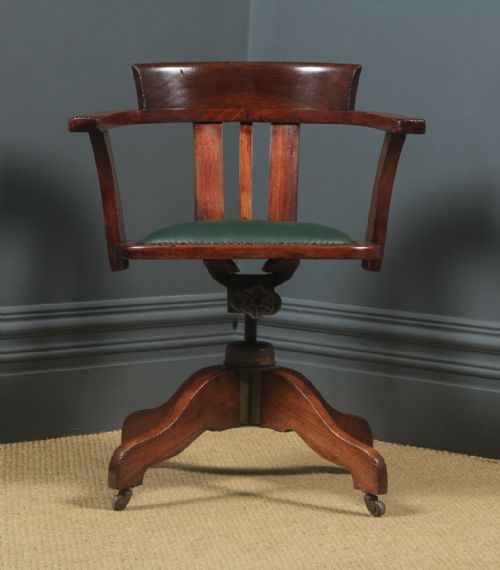 fig 1. Antique English Edwardian Beech & Leather Revolving Office Desk Arm Chair By A. H. Parker Ltd. (Circa 1910)