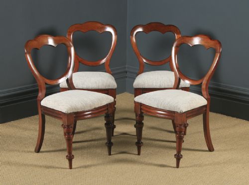 Antique English Victorian Set of 4 Four Mahogany Balloon Crown Back Dining Chairs (Circa 1860)