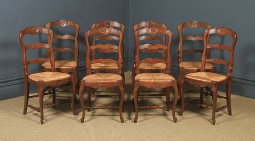 Antique French Set of 8 Eight Louis XV Style Oak Ladder Back Rush Seat Kitchen Dining Chairs (Circa 1920 - 1930)