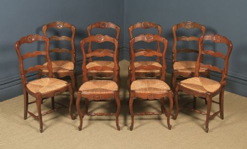 fig 1. Antique French Set of 8 Eight Louis XV Style Oak Ladder Back Rush Seat Kitchen Dining Chairs (Circa 1920 - 1930)