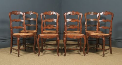 fig 2. Antique French Set of 8 Eight Louis XV Style Oak Ladder Back Rush Seat Kitchen Dining Chairs (Circa 1920 - 1930)
