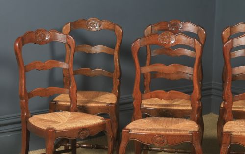 fig 3. Antique French Set of 8 Eight Louis XV Style Oak Ladder Back Rush Seat Kitchen Dining Chairs (Circa 1920 - 1930)