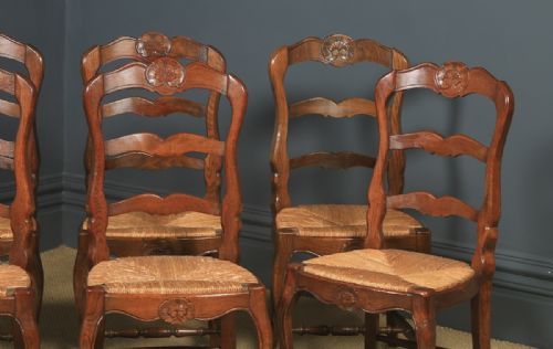 fig 4. Antique French Set of 8 Eight Louis XV Style Oak Ladder Back Rush Seat Kitchen Dining Chairs (Circa 1920 - 1930)