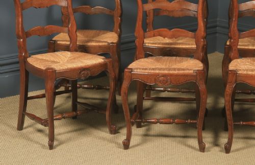 fig 5. Antique French Set of 8 Eight Louis XV Style Oak Ladder Back Rush Seat Kitchen Dining Chairs (Circa 1920 - 1930)