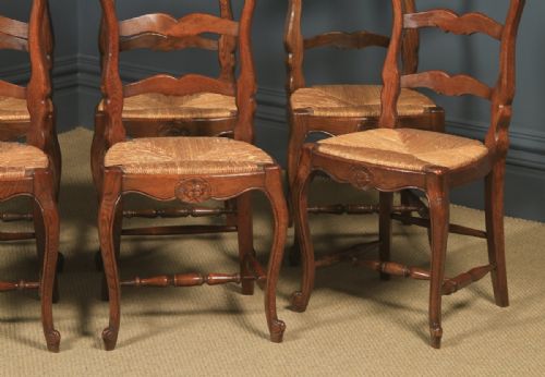 fig 6. Antique French Set of 8 Eight Louis XV Style Oak Ladder Back Rush Seat Kitchen Dining Chairs (Circa 1920 - 1930)