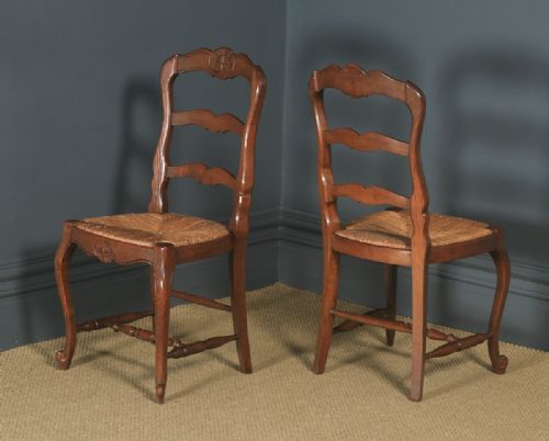 fig 7. Antique French Set of 8 Eight Louis XV Style Oak Ladder Back Rush Seat Kitchen Dining Chairs (Circa 1920 - 1930)