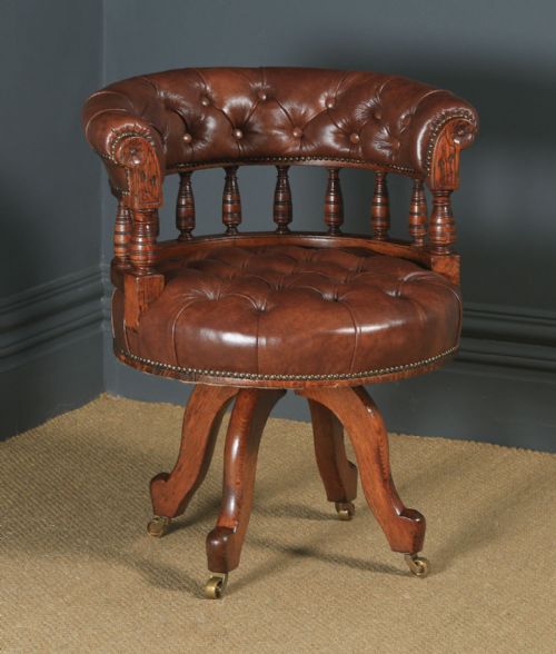 Antique English Victorian Oak & Brown Leather Revolving Office Desk Arm Chair (Circa 1880)