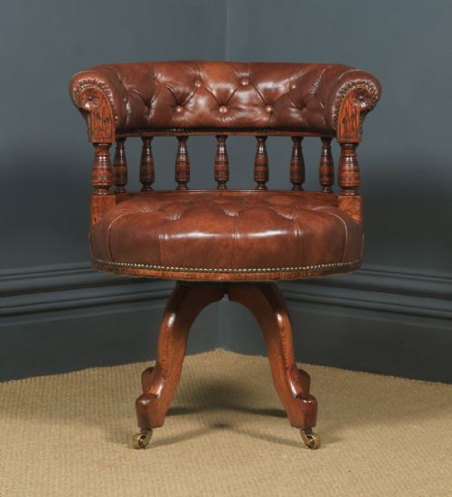 fig 1. Antique English Victorian Oak & Brown Leather Revolving Office Desk Arm Chair (Circa 1880)