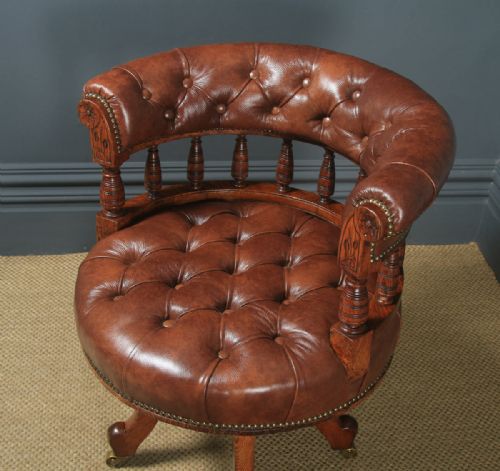 fig 2. Antique English Victorian Oak & Brown Leather Revolving Office Desk Arm Chair (Circa 1880)
