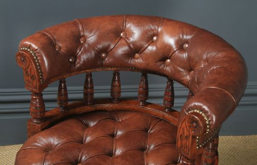 fig 3. Antique English Victorian Oak & Brown Leather Revolving Office Desk Arm Chair (Circa 1880)