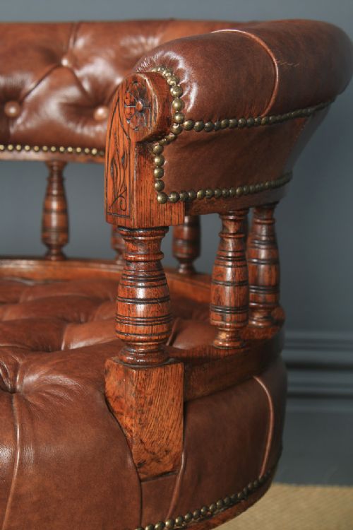 fig 4. Antique English Victorian Oak & Brown Leather Revolving Office Desk Arm Chair (Circa 1880)