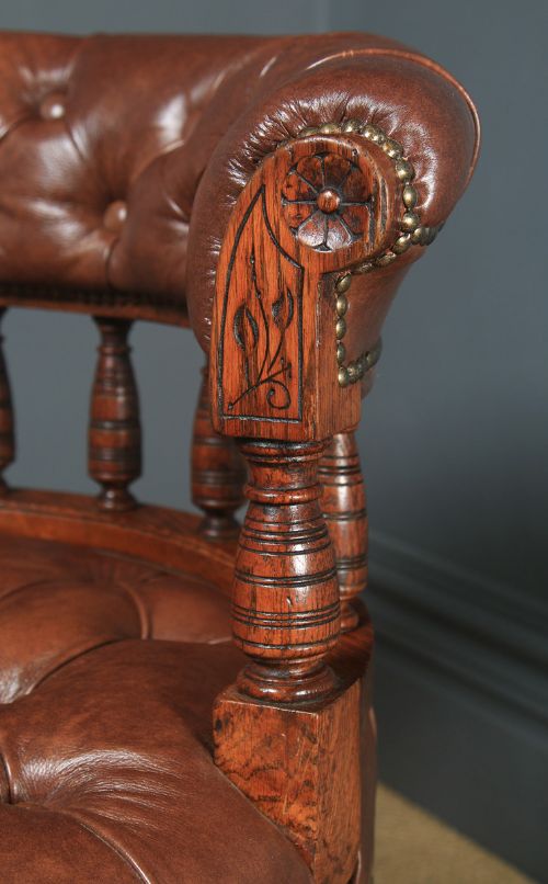 fig 5. Antique English Victorian Oak & Brown Leather Revolving Office Desk Arm Chair (Circa 1880)