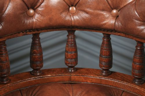 fig 6. Antique English Victorian Oak & Brown Leather Revolving Office Desk Arm Chair (Circa 1880)