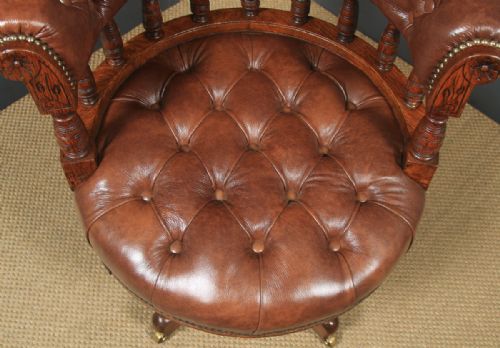 fig 7. Antique English Victorian Oak & Brown Leather Revolving Office Desk Arm Chair (Circa 1880)