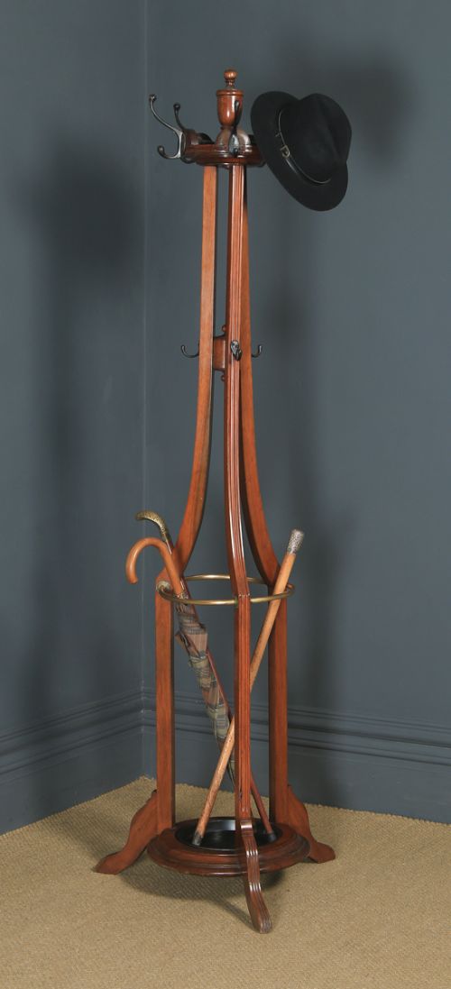 fig 1. Antique Edwardian Mahogany & Brass Arts & Crafts Revolving Coat, Hat, Stick & Umbrella Hall Stand (Circa 1910)