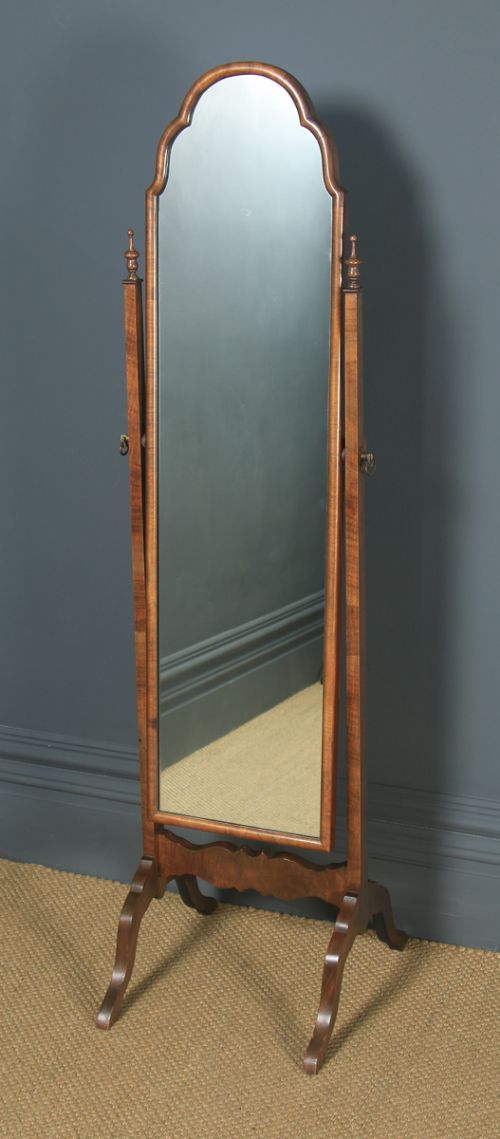 Antique English Queen Anne Style Walnut Floor Standing Cheval / Dressing Mirror (Circa 1910)