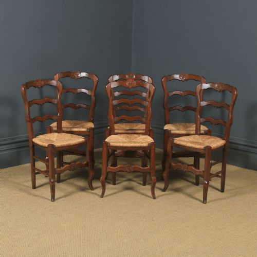 Antique French Set of 6 Six Louis XV Style Oak Ladder Back Rush Seat Kitchen Dining Chairs (Circa 1920)
