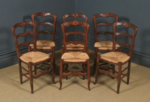 fig 1. Antique French Set of 6 Six Louis XV Style Oak Ladder Back Rush Seat Kitchen Dining Chairs (Circa 1920)