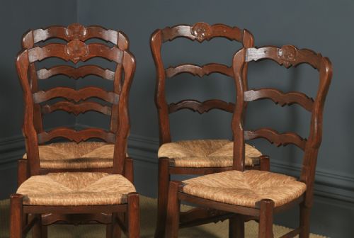 fig 2. Antique French Set of 6 Six Louis XV Style Oak Ladder Back Rush Seat Kitchen Dining Chairs (Circa 1920)