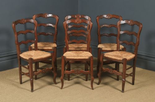 fig 3. Antique French Set of 6 Six Louis XV Style Oak Ladder Back Rush Seat Kitchen Dining Chairs (Circa 1920)
