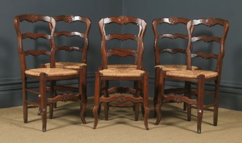 fig 4. Antique French Set of 6 Six Louis XV Style Oak Ladder Back Rush Seat Kitchen Dining Chairs (Circa 1920)