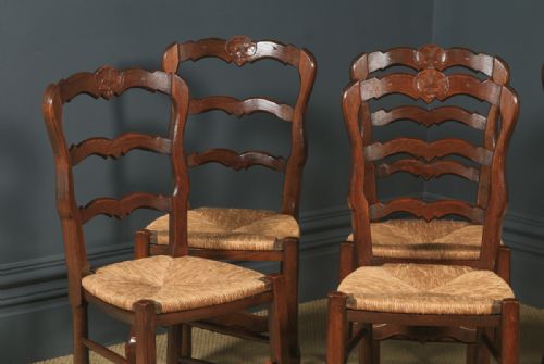 fig 5. Antique French Set of 6 Six Louis XV Style Oak Ladder Back Rush Seat Kitchen Dining Chairs (Circa 1920)