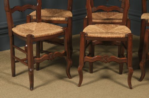 fig 6. Antique French Set of 6 Six Louis XV Style Oak Ladder Back Rush Seat Kitchen Dining Chairs (Circa 1920)