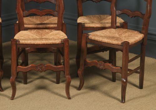 fig 7. Antique French Set of 6 Six Louis XV Style Oak Ladder Back Rush Seat Kitchen Dining Chairs (Circa 1920)