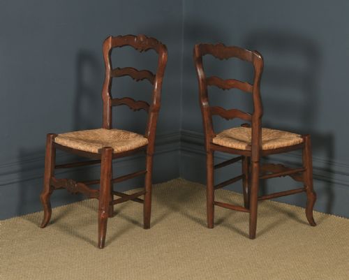 fig 8. Antique French Set of 6 Six Louis XV Style Oak Ladder Back Rush Seat Kitchen Dining Chairs (Circa 1920)