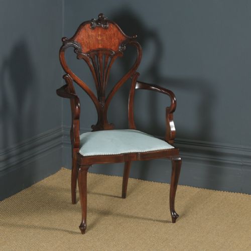 Antique English Victorian Art Nouveau Mahogany Marquetry Occasional Salon Carver Arm Chair (Circa 1900)