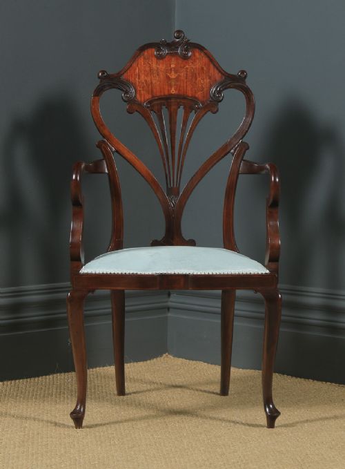 fig 1. Antique English Victorian Art Nouveau Mahogany Marquetry Occasional Salon Carver Arm Chair (Circa 1900)