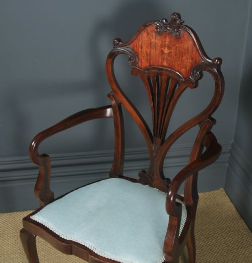 fig 4. Antique English Victorian Art Nouveau Mahogany Marquetry Occasional Salon Carver Arm Chair (Circa 1900)