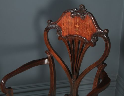 fig 5. Antique English Victorian Art Nouveau Mahogany Marquetry Occasional Salon Carver Arm Chair (Circa 1900)